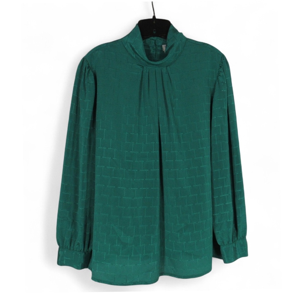 VTG TAN JAY Green SATIN Button-Back HIGH NECK Plaid PLEATED Blouse/Top Sz 12